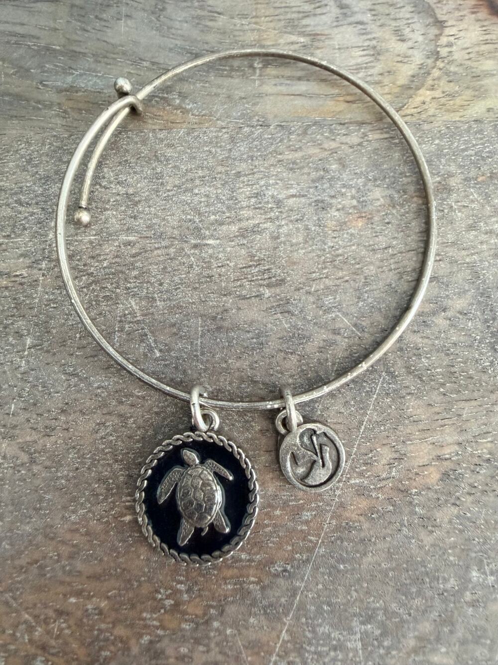 Silver Tone Black Enamel Sea Turtle Adjustable Bracelet